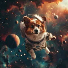 A Corgi dressed as a tiny astronaut