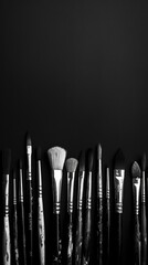 A minimalist set of paintbrushes arranged neatly against a stark black canvas