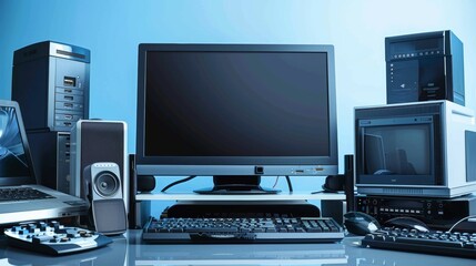 Computer equipment on blue background.
