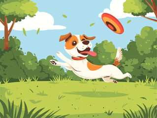  A dog happily chases its frisbee in a park relishing the freedom and sunshine as it leaps and bounds across the green grass. 