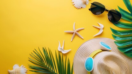 Flat lay composition with hat, sunglasses and seashells on color background - obrazy, fototapety, plakaty