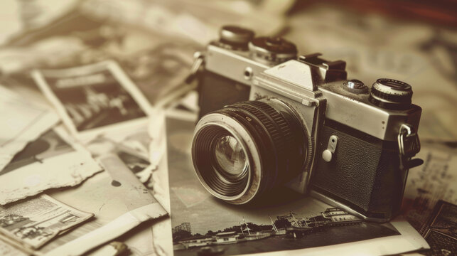 Vintage camera and old photos on a wooden table. Retro style.