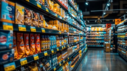 Supermarket shelves with a variety of products for sale. - obrazy, fototapety, plakaty