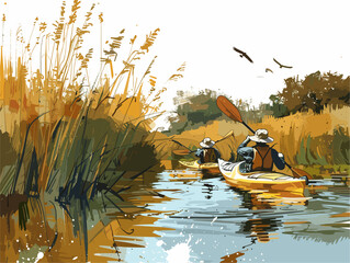  A group of kayakers paddle through a peaceful marsh observing diverse birdlife and the serene beauty of nature.  - obrazy, fototapety, plakaty