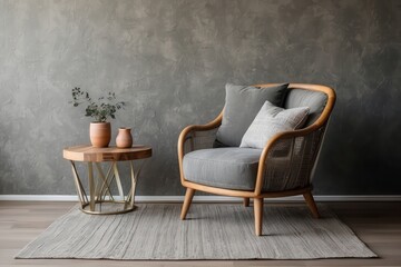 Grey armchair against stucco wall. Boho home interior design of modern living room