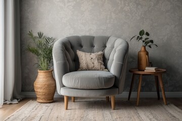 Snuggle chair in grey against stucco wall. Boho house interior design