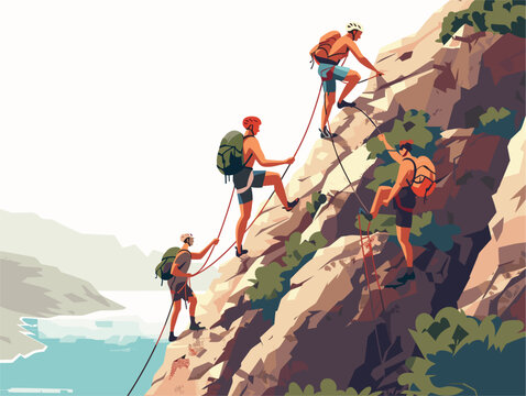  A group of rock climbers scale a challenging cliff face relying on teamwork and trust to reach the top. 