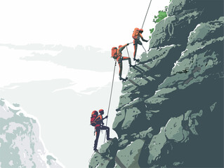  A group of rock climbers scale a challenging cliff face relying on teamwork and trust to reach the top. 