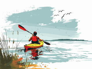  A solo kayaker explores a secluded coastline the sound of the waves and the cries of seabirds filling the air. 