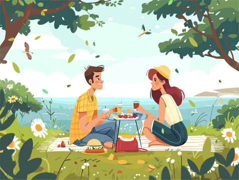  A couple enjoys a romantic picnic on a scenic overlook sharing a delicious meal and breathtaking views with each other. 
