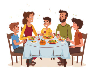  A family gathers around the dinner table sharing stories about their day and connecting with each other over a shared meal. 