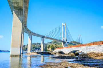 冬の呼子大橋と弁天遊歩橋　佐賀県唐津市　Yobuko Ohashi Bridge and Benten Promenade Bridge in winter. Saga Pref, Karatsu City.