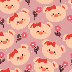 seamless pattern cartoon pig and flower. cute animal wallpaper for textile, gift wrap paper