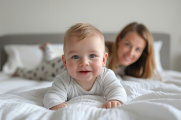 Fototapeta na wymiar Cute happy baby and mother lying on a white bed, smiling at the camera