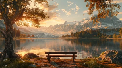 Poster Serene lake by mountains during sunset © pixcel3d