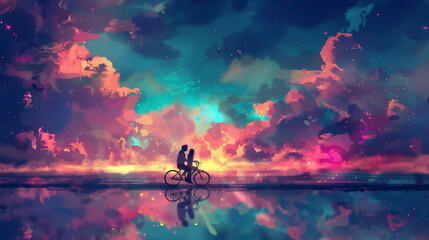 Obraz na płótnie Canvas Couple in love riding on bicycle against night sky 