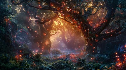 Fantasy forest with Mahabharata heroes twilight