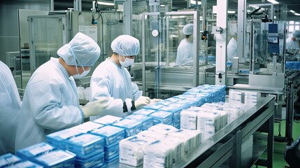 packaging ampoule pharmaceutical plant illustration glass filling, sealing labeling, quality control packaging ampoule pharmaceutical plant - obrazy, fototapety, plakaty