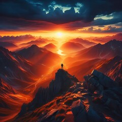 A silhouette of a person stands on the peak of a mountain, as the sun rises above a sea of jagged peaks, illuminating the sky