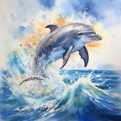 Leaping dolphin, ocean spray, watercolor horizon, joyful acrobatics, cute