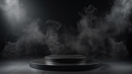 Round black podium with smoke on dark background
