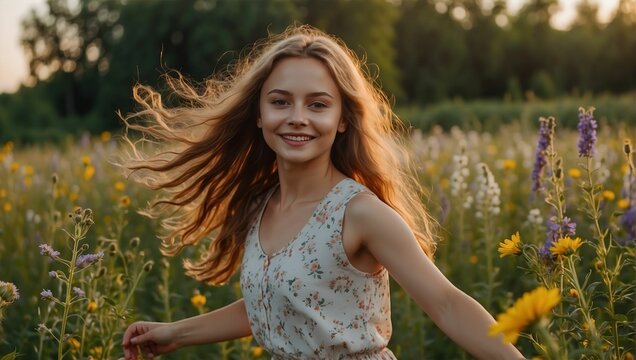 A young beautiful girl of European appearance with long hair is having fun, dancing in a meadow among flowers at the setting sun. Summer nature. International flash mob of femininity. Sincere emotions
