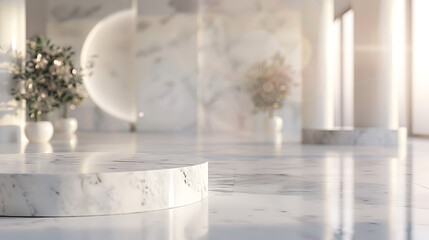 Mock up product stand, rimmed white marble cylinder podium backdrop, luxurious showcase, modern and mimimal style background. Generative AI illustration 