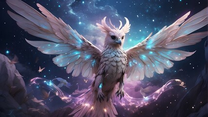 lovely phoenix with colors ranging from spectrum to Sweet tiny bluebird. adorable birds and animals. Sign of the spring. Good fortune, owl. glow and bokeh, nature, silhouette, cartoon, bird, dove,