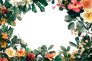 A decorative frame bursting with colorful flowers and leafy greens