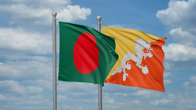 Bangladesh and Bhutan two flags waving together, looped video