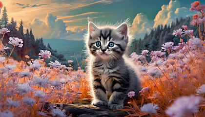 Create an image featuring a serene and Cute Little Kitten an infrared spectrum on digital art concept, Generative AI. - obrazy, fototapety, plakaty