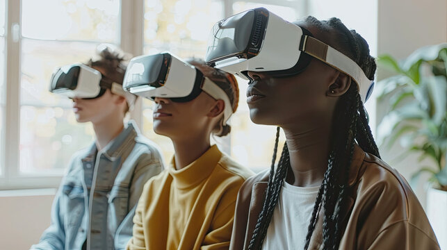 Multiethnic students using VR headsets in school