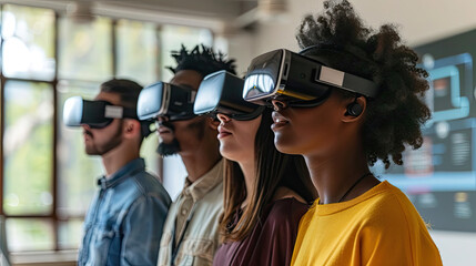 Multiethnic students using VR headsets in school