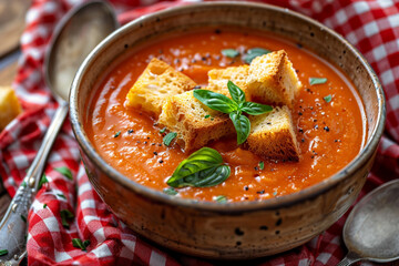 A bowl of creamy tomato soup with croutons and basil. A spoon and a napkin on the side. Warm and comforting meal on a red and white checkered tablecloth.