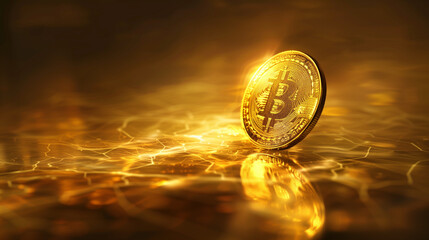 A luminous cryptocurrency golden bitcoin, emitting a soft, ethereal glow that illuminates its surroundings,