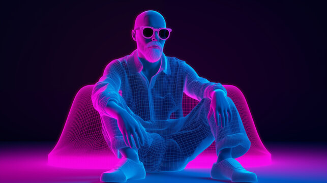 Portrait of a seated philosopher in bitcoin glasses on a neon background. 3d image.