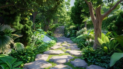 A stone path surrounded by lush green plants - Powered by Adobe