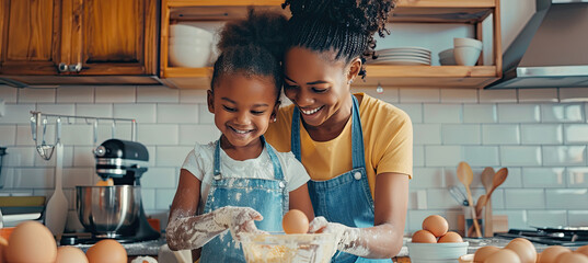 Smiling African American mother helping daughter mix eggs for dough in kitchen - obrazy, fototapety, plakaty