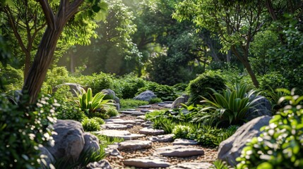 A stone path in the middle of a lush green forest