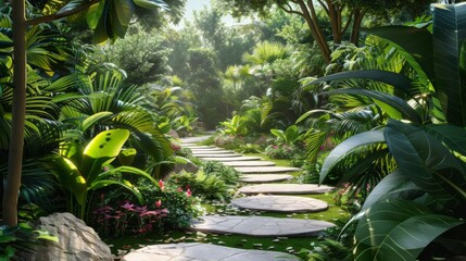 A pathway in a tropical garden with stepping stones