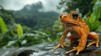 Frog at the nature pool in green tropical forest showing abundant nature