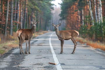 Fototapeta premium Deers standing on the road near forest at early morning or evening time. Road hazards, wildlife and transport.