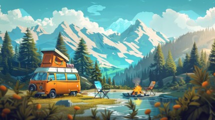 A camper van parked next to a lake in the mountains