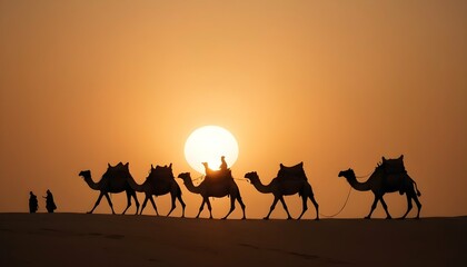 Fototapeta na wymiar A Camel Caravan Silhouetted Against A Setting Sun