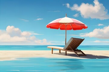 Minimal summer holidays vacation concept. Beach umbrella in front of blue sky and sea. Chilling, lounging on the beach Generative AI