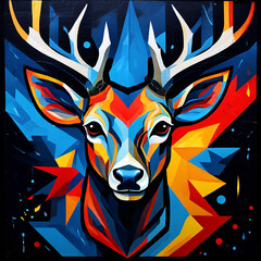 Ethereal Deer  Abstract Face Mural in Bold Black, Red, and Blue