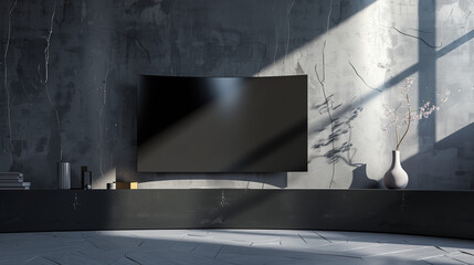 An elegant curved TV is installed on a minimalist table with a smooth black surface, creating a futuristic and modern impression in the living room. AI generated Images