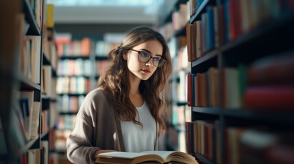 A beautiful student girl, a young woman with glasses chooses a book in the university, College...