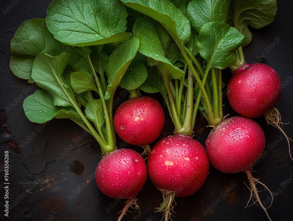 Poster fresh radish with tops on black background