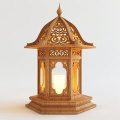 modern wood lantern shiny with light and elegant ornament isolated on white background 
